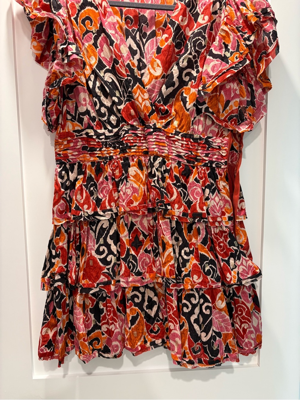 Olivaceous Ruffled Tiered V-Neck Tunic in Pink, Red & Orange